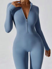 Curvese Women's Solid Color Zipper Long Sleeve Yoga Bodysuit